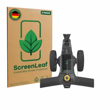 Face avant d’un emballage produit avec le logo de la marque ScreenLeaf. À côté, l’appareil PowaKaddy CT10 est représenté avec 