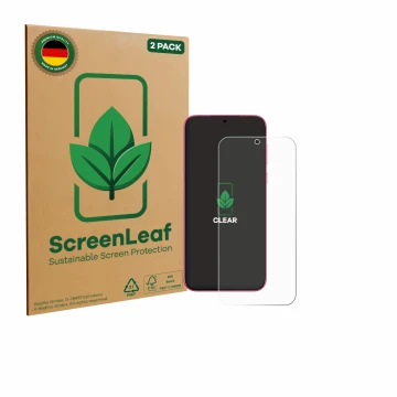 Face avant d’un emballage produit avec le logo de la marque ScreenLeaf. À côté, l’appareil Huawei Pura 80 est représenté avec 