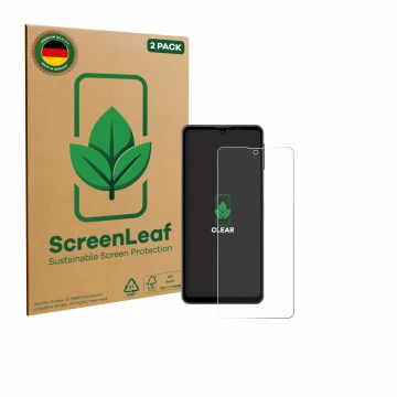 Face avant d’un emballage produit avec le logo de la marque ScreenLeaf. À côté, l’appareil Sharp Aquos Sense 8 est représenté 
