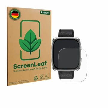 Face avant d’un emballage produit avec le logo de la marque ScreenLeaf. À côté, l’appareil Amazfit Active 2 (rectangulaire) es