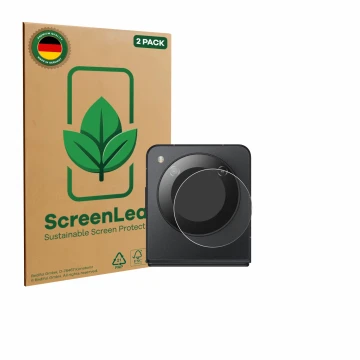 Face avant d’un emballage produit avec le logo de la marque ScreenLeaf. À côté, l’appareil Nubia Flip 5G (Caméra UNIQUEMENT) e