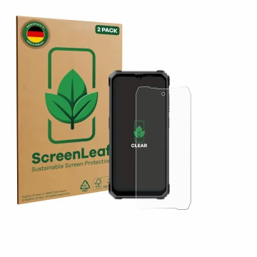 Face avant d’un emballage produit avec le logo de la marque ScreenLeaf. À côté, l’appareil Blackview BL7000 est représenté ave