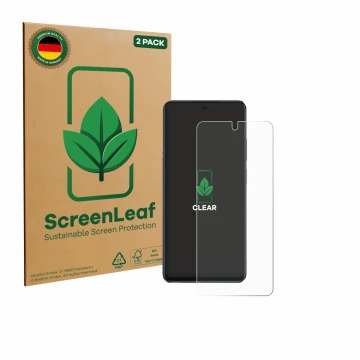 Face avant d’un emballage produit avec le logo de la marque ScreenLeaf. À côté, l’appareil Oppo A40 est représenté avec la pro