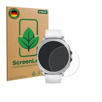 Face avant d’un emballage produit avec le logo de la marque ScreenLeaf. À côté, l’appareil Samsung Galaxy Watch 8 Classic (46 