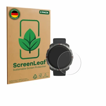 Face avant d’un emballage produit avec le logo de la marque ScreenLeaf. À côté, l’appareil Polar Grit X2 est représenté avec l