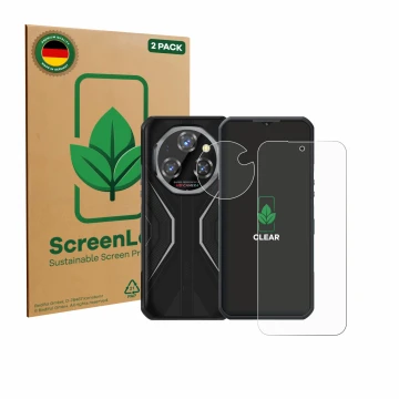 Face avant d’un emballage produit avec le logo de la marque ScreenLeaf. À côté, l’appareil Oukitel WP55 Pro (Avant+Caméra) est