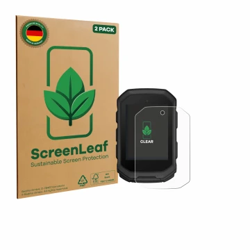 Face avant d’un emballage produit avec le logo de la marque ScreenLeaf. À côté, l’appareil Garmin Edge MTB est représenté avec
