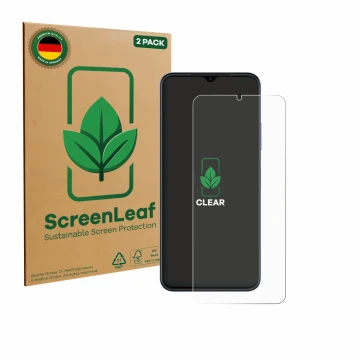 Face avant d’un emballage produit avec le logo de la marque ScreenLeaf. À côté, l’appareil Huawei Nova Y61 est représenté avec