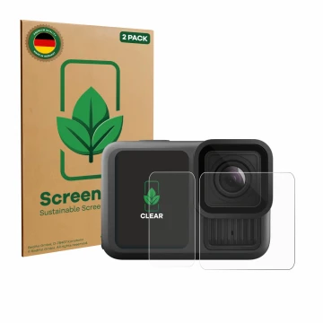 Face avant d’un emballage produit avec le logo de la marque ScreenLeaf. À côté, l’appareil GoPro Hero 13 Black Ultra Wide Edit