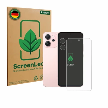 Face avant d’un emballage produit avec le logo de la marque ScreenLeaf. À côté, l’appareil Oppo Reno 14 F (Avant+Caméra) est r