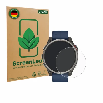 Face avant d’un emballage produit avec le logo de la marque ScreenLeaf. À côté, l’appareil Garmin quatix 8 (47 mm) est représe