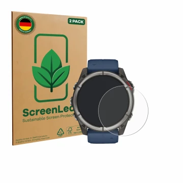 Face avant d’un emballage produit avec le logo de la marque ScreenLeaf. À côté, l’appareil Garmin quatix 8 (51 mm) est représe