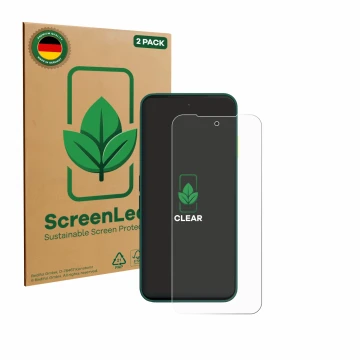 Face avant d’un emballage produit avec le logo de la marque ScreenLeaf. À côté, l’appareil Fairphone 6 est représenté avec la 