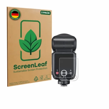 Face avant d’un emballage produit avec le logo de la marque ScreenLeaf. À côté, l’appareil Godox V100 est représenté avec la p
