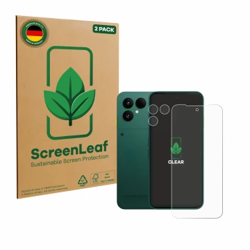 Face avant d’un emballage produit avec le logo de la marque ScreenLeaf. À côté, l’appareil Fairphone 6 (Avant+Caméra) est repr
