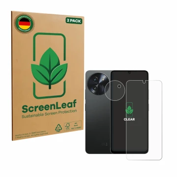 Face avant d’un emballage produit avec le logo de la marque ScreenLeaf. À côté, l’appareil Doogee Note 59 Pro Plus (Avant+Camé