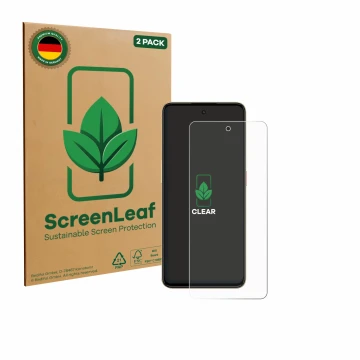 Face avant d’un emballage produit avec le logo de la marque ScreenLeaf. À côté, l’appareil Nubia Neo 3 est représenté avec la 