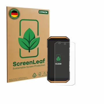 Face avant d’un emballage produit avec le logo de la marque ScreenLeaf. À côté, l’appareil Ulefone Armor X32 Pro est représent
