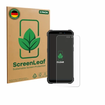 Face avant d’un emballage produit avec le logo de la marque ScreenLeaf. À côté, l’appareil Oukitel WP32 Pro est représenté ave