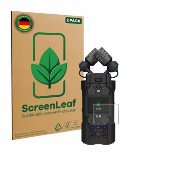 Face avant d’un emballage produit avec le logo de la marque ScreenLeaf. À côté, l’appareil Zoom H5 Studio est représenté avec 