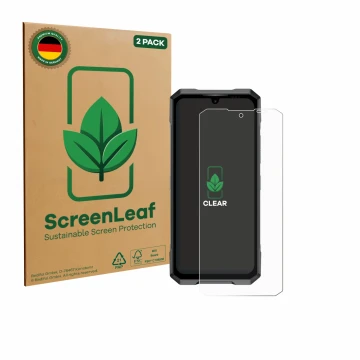 Face avant d’un emballage produit avec le logo de la marque ScreenLeaf. À côté, l’appareil Doogee Blade GT Pro est représenté 