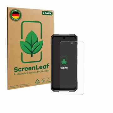 Face avant d’un emballage produit avec le logo de la marque ScreenLeaf. À côté, l’appareil Doogee Blade GT Play est représenté