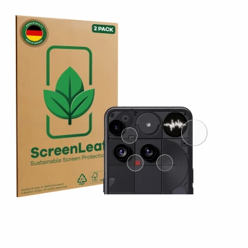 Face avant d’un emballage produit avec le logo de la marque ScreenLeaf. À côté, l’appareil Nothing Phone (3) (Caméra UNIQUEMEN