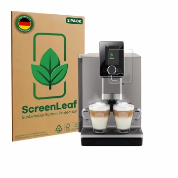 Face avant d’un emballage produit avec le logo de la marque ScreenLeaf. À côté, l’appareil Nivona NICR 930 CafeRomatica est re