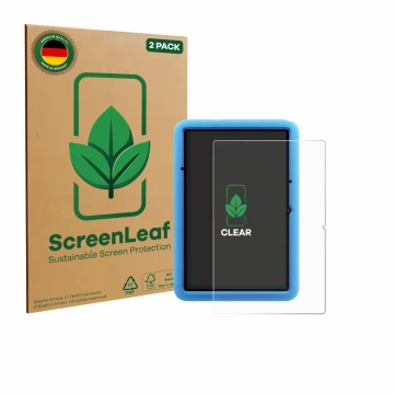 Face avant d’un emballage produit avec le logo de la marque ScreenLeaf. À côté, l’appareil Blackview Tab 60 Pro Kids 10.1