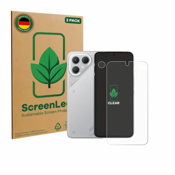 Face avant d’un emballage produit avec le logo de la marque ScreenLeaf. À côté, l’appareil Tecno Pova 7 Pro (Avant+Caméra) est