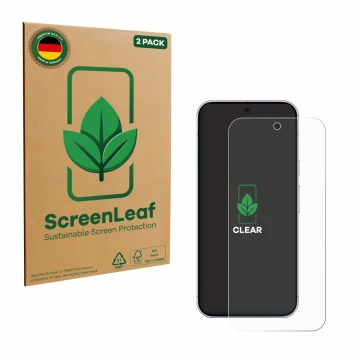 Face avant d’un emballage produit avec le logo de la marque ScreenLeaf. À côté, l’appareil Google Pixel 10 Pro XL est représen