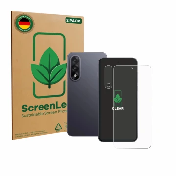 Face avant d’un emballage produit avec le logo de la marque ScreenLeaf. À côté, l’appareil OnePlus Nord 5 (Avant+Caméra) est r