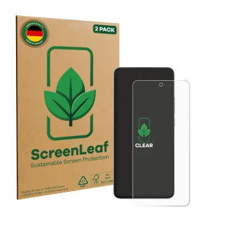 Face avant d’un emballage produit avec le logo de la marque ScreenLeaf. À côté, l’appareil OnePlus Nord CE 5 est représenté av