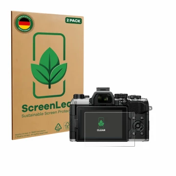 Face avant d’un emballage produit avec le logo de la marque ScreenLeaf. À côté, l’appareil Olympus OM System OM-5 Mark II est 