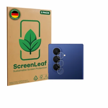 Face avant d’un emballage produit avec le logo de la marque ScreenLeaf. À côté, l’appareil Samsung Galaxy Z Fold 7 (Caméra UNI