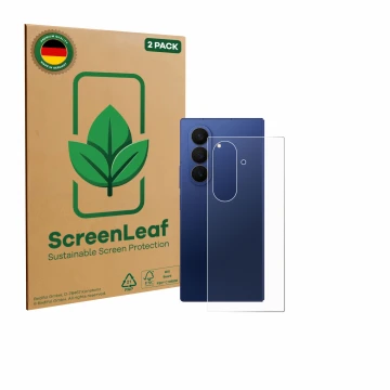 Face avant d’un emballage produit avec le logo de la marque ScreenLeaf. À côté, l’appareil Samsung Galaxy Z Fold 7 (Arrière) e