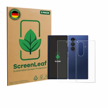 Face avant d’un emballage produit avec le logo de la marque ScreenLeaf. À côté, l’appareil Samsung Galaxy Z Fold 7 (Avant+Arri