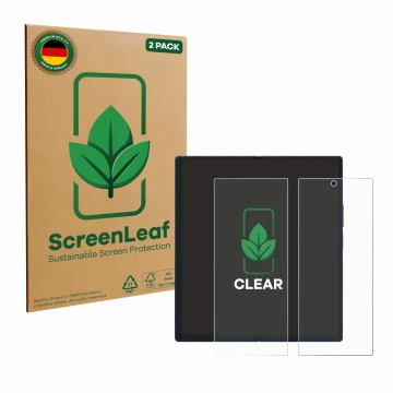 Face avant d’un emballage produit avec le logo de la marque ScreenLeaf. À côté, l’appareil Samsung Galaxy Z Fold 7 (Affichage 