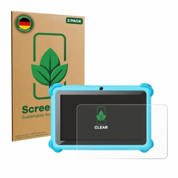 Face avant d’un emballage produit avec le logo de la marque ScreenLeaf. À côté, l’appareil zcobro KIDS710 7