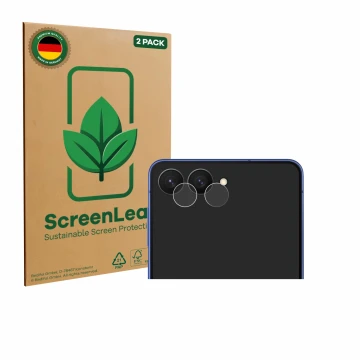 Face avant d’un emballage produit avec le logo de la marque ScreenLeaf. À côté, l’appareil Samsung Galaxy Z Flip 7 (Caméra UNI
