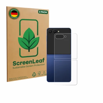 Face avant d’un emballage produit avec le logo de la marque ScreenLeaf. À côté, l’appareil Samsung Galaxy Z Flip 7 (Arrière) e