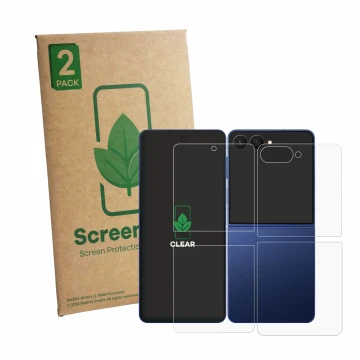 Face avant d’un emballage produit avec le logo de la marque ScreenLeaf. À côté, l’appareil Samsung Galaxy Z Flip 7 (Avant+Arri