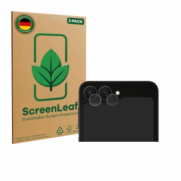 Face avant d’un emballage produit avec le logo de la marque ScreenLeaf. À côté, l’appareil Samsung Galaxy Z Flip 7 FE (Caméra 
