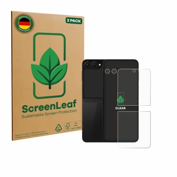 Face avant d’un emballage produit avec le logo de la marque ScreenLeaf. À côté, l’appareil Samsung Galaxy Z Flip 7 FE (Avant+C