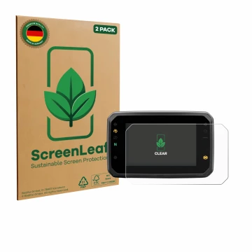 Face avant d’un emballage produit avec le logo de la marque ScreenLeaf. À côté, l’appareil Honda Hornet CB1000 SP 2025 est rep