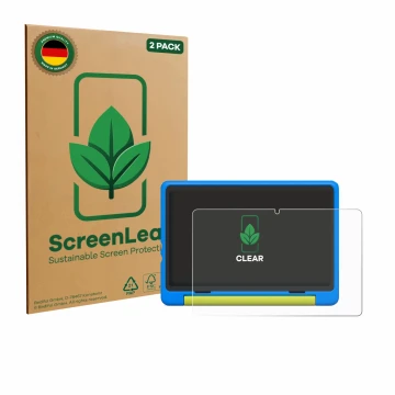 Face avant d’un emballage produit avec le logo de la marque ScreenLeaf. À côté, l’appareil Happybe Kids Tablet 10