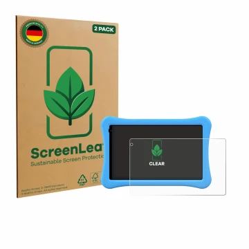 Face avant d’un emballage produit avec le logo de la marque ScreenLeaf. À côté, l’appareil Awow funtab 1001 10.1