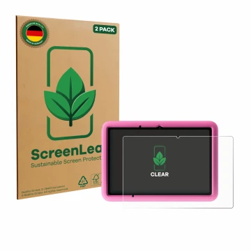 Face avant d’un emballage produit avec le logo de la marque ScreenLeaf. À côté, l’appareil Blackview Tab A6 Kids est représent