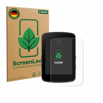 Face avant d’un emballage produit avec le logo de la marque ScreenLeaf. À côté, l’appareil Bryton Rider 550 est représenté ave