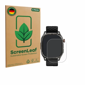 Face avant d’un emballage produit avec le logo de la marque ScreenLeaf. À côté, l’appareil Kospet Magic P10 1.96